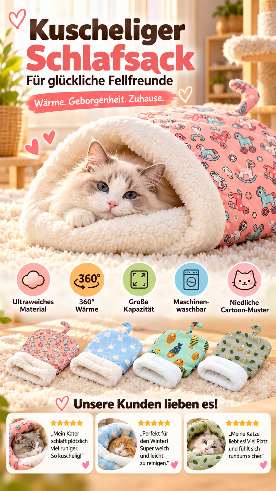 ⏳50% RABATT! 🐱 Flauschiger Katzen-Winterschlafsack – halbgeschlossene Kuschelhöhle mit Cartoon-Muster, Rosa/Blau
