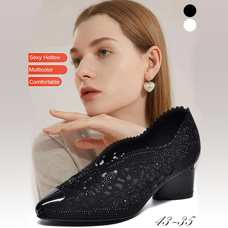 👡Slipper aus Mesh mit Kristallen und dickem Absatz