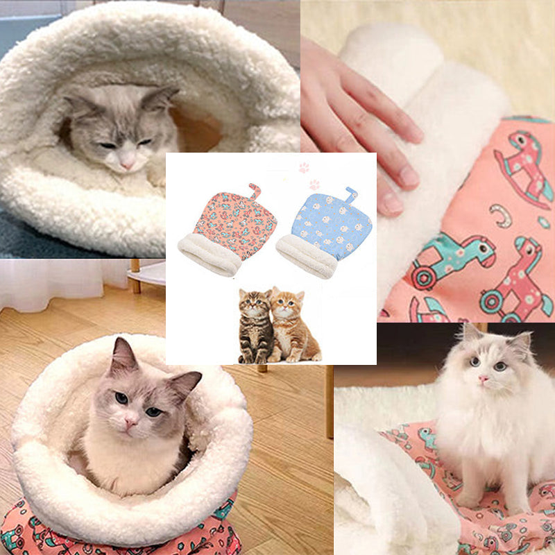 ⏳50% RABATT! 🐱 Flauschiger Katzen-Winterschlafsack – halbgeschlossene Kuschelhöhle mit Cartoon-Muster, Rosa/Blau