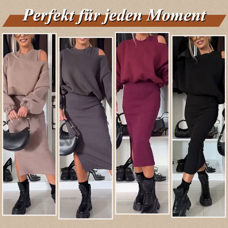 🍂Damen-Set mit Sweatshirt mit schrägen Schultern und ärmellosem Kleid🌸