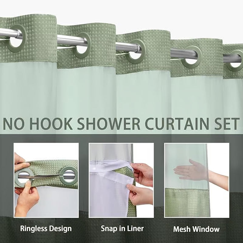 Doppellagiges Duschvorhang-Set mit Futter – Abnehmbar, Ohne Haken, Weißer Waffel-Design🚿🛁