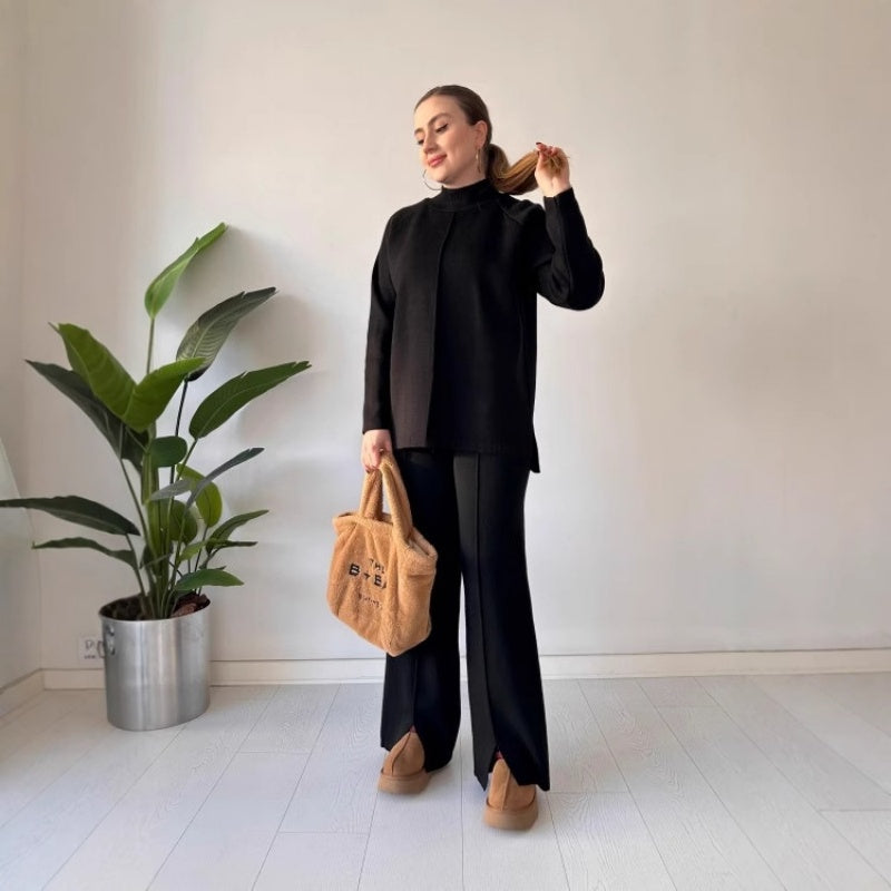 🔥Heißer Verkauf 2025🔥 Einfarbiges Strickoberteil und -hose für Damen (2-teiliges Set)