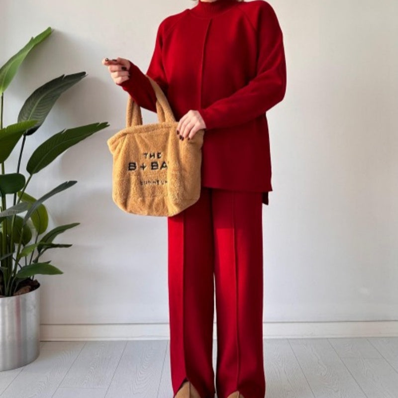 🔥Heißer Verkauf 2025🔥 Einfarbiges Strickoberteil und -hose für Damen (2-teiliges Set)