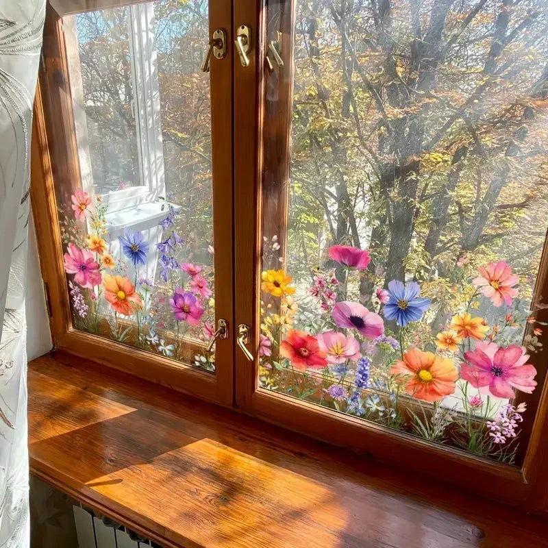 🌸 Bunte Blumen-Fensterfolie in Buntglas-Optik – Statische Haftung, beidseitig sichtbar & leicht ablösbar