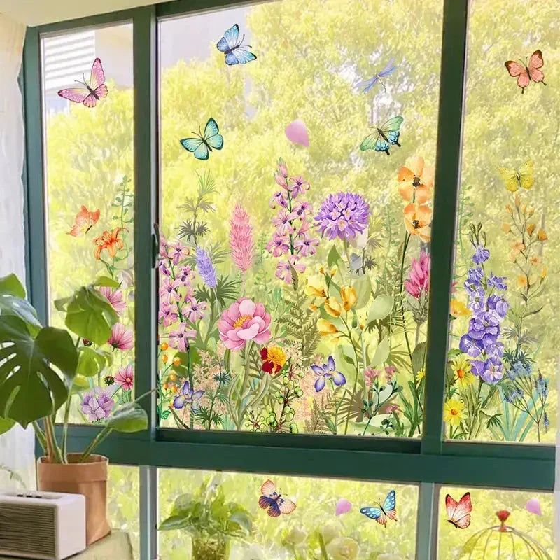 🌸 Bunte Blumen-Fensterfolie in Buntglas-Optik – Statische Haftung, beidseitig sichtbar & leicht ablösbar
