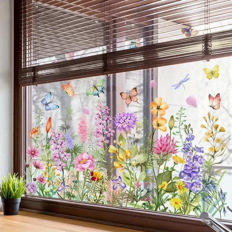 🌸 Bunte Blumen-Fensterfolie in Buntglas-Optik – Statische Haftung, beidseitig sichtbar & leicht ablösbar