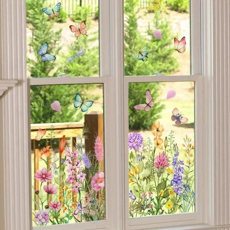 🌸 Bunte Blumen-Fensterfolie in Buntglas-Optik – Statische Haftung, beidseitig sichtbar & leicht ablösbar