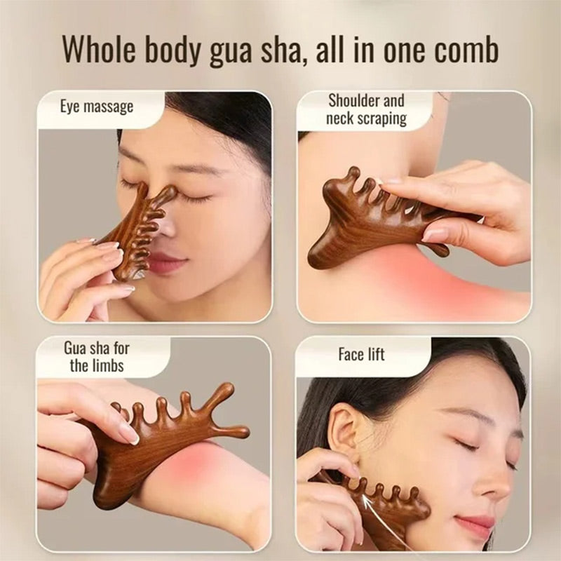 🥳Neue Sonderangebote🥳4-in-1-Kopfhautmassagekamm aus Holz und Gua Sha-Werkzeug
