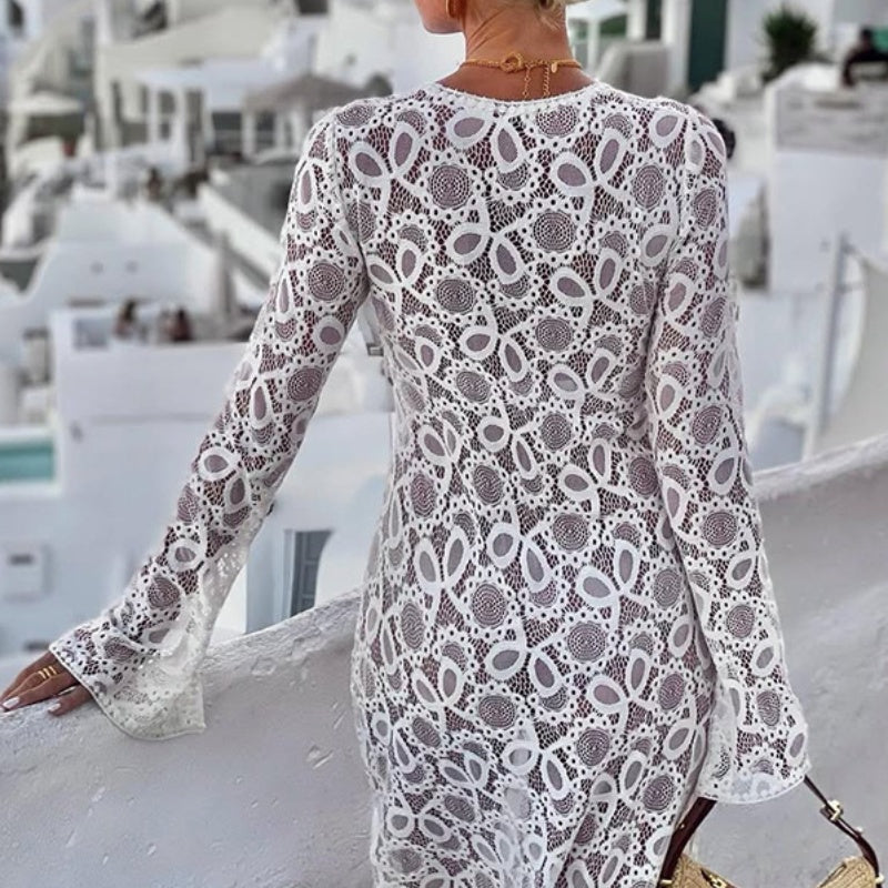 Elegantes Midikleid mit U-Ausschnitt und durchsichtiger Spitze