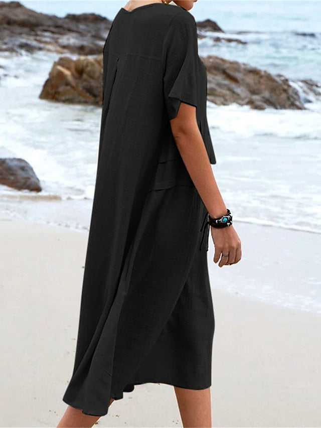 💃Damen Rundhalsausschnitt Baumwolle Leinen Midikleid