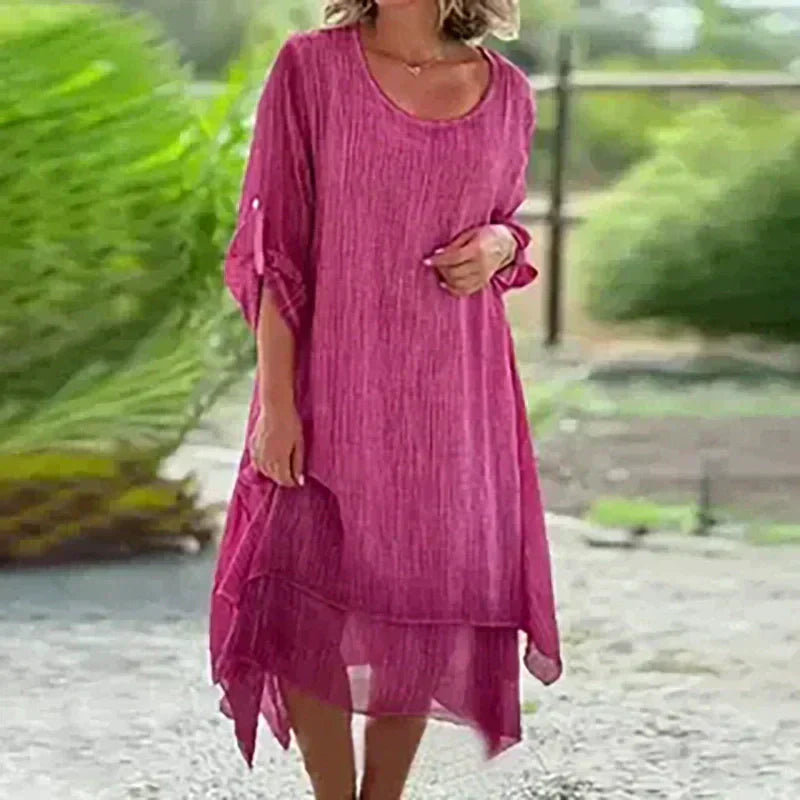 💕Elegantes, einfarbiges, lockeres Damenkleid mit Rundhalsausschnitt