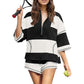 👚Zweiteiliges Set aus gestreiftem Oberteil und Shorts mit halbem Reißverschluss für Damen
