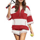 👚Zweiteiliges Set aus gestreiftem Oberteil und Shorts mit halbem Reißverschluss für Damen