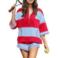 👚Zweiteiliges Set aus gestreiftem Oberteil und Shorts mit halbem Reißverschluss für Damen