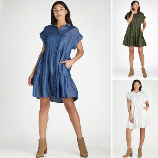 ❤️Damenkleid mit Revers und kurzen Ärmeln, plissiert, Button-Down