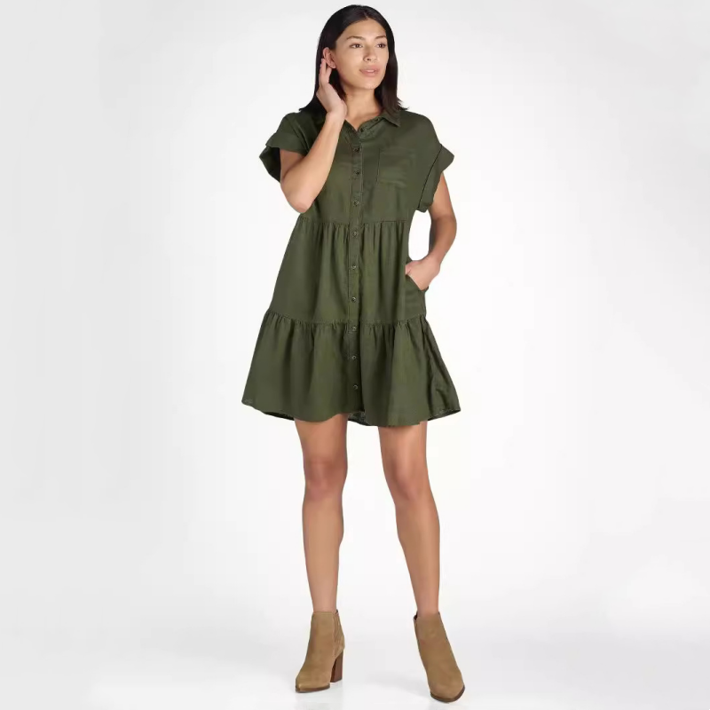 ❤️Damenkleid mit Revers und kurzen Ärmeln, plissiert, Button-Down