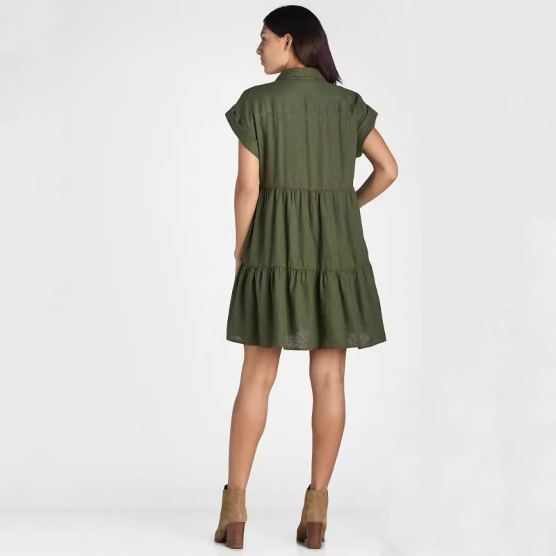 ❤️Damenkleid mit Revers und kurzen Ärmeln, plissiert, Button-Down