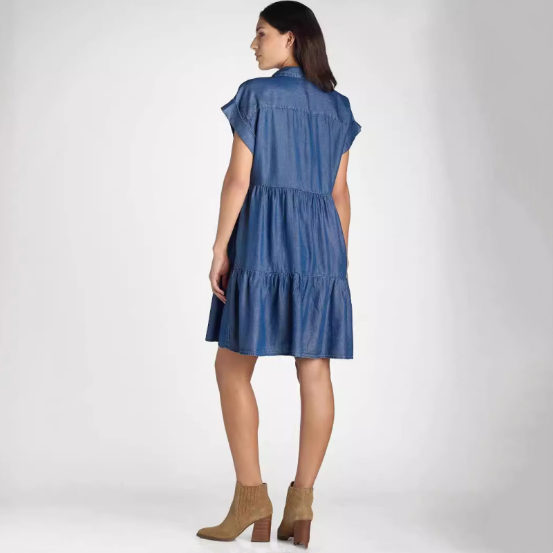 ❤️Damenkleid mit Revers und kurzen Ärmeln, plissiert, Button-Down