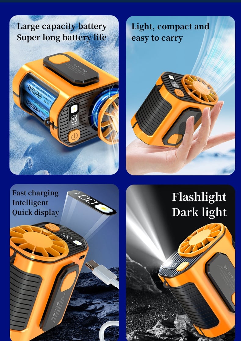 Tragbarer Hüftventilator mit LED-Arbeitsleuchte | Akku & Gurt | Starker Kühlluftstrom für Outdoor & Werkstatt