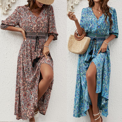 💃 Bohemian Print V-Ausschnitt Kleider für Damen