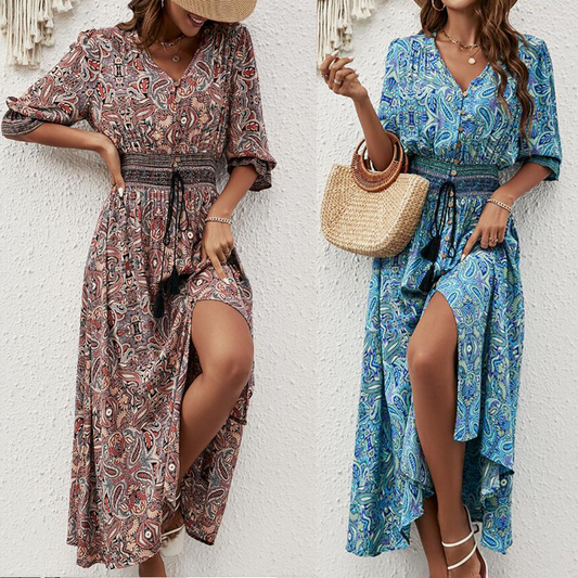 💃 Bohemian Print V-Ausschnitt Kleider für Damen