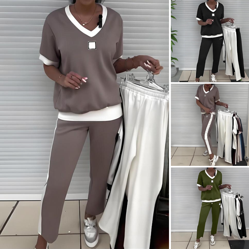 ✨Lässiges Damen-Zweiteiler: Top mit V-Ausschnitt und Hose