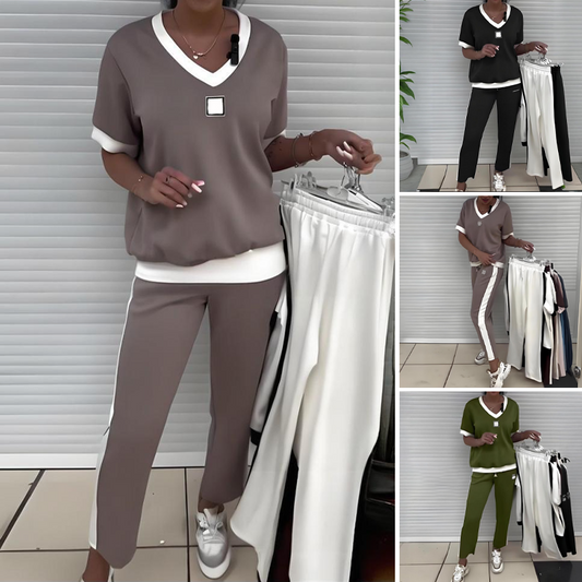 ✨Lässiges Damen-Zweiteiler: Top mit V-Ausschnitt und Hose