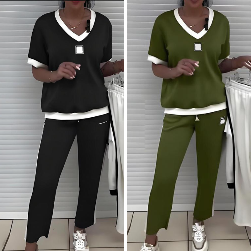 ✨Lässiges Damen-Zweiteiler: Top mit V-Ausschnitt und Hose
