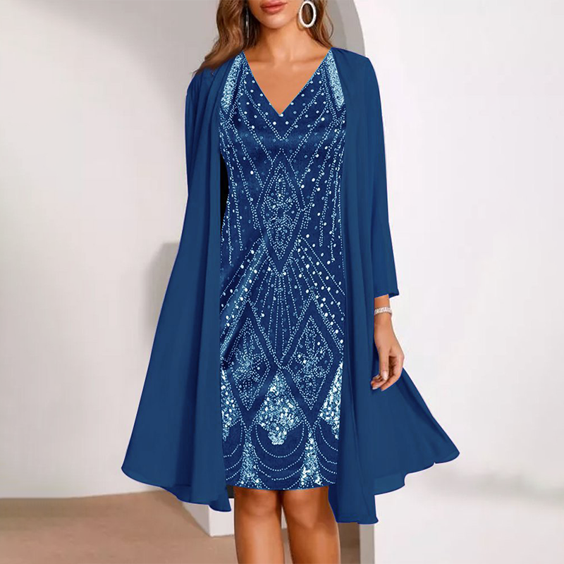 Damen-Set: Kleid mit V-Ausschnitt & transparenter langer Jacke