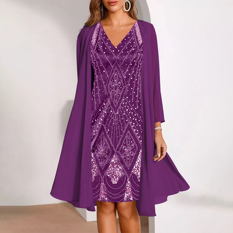 Damen-Set: Kleid mit V-Ausschnitt & transparenter langer Jacke