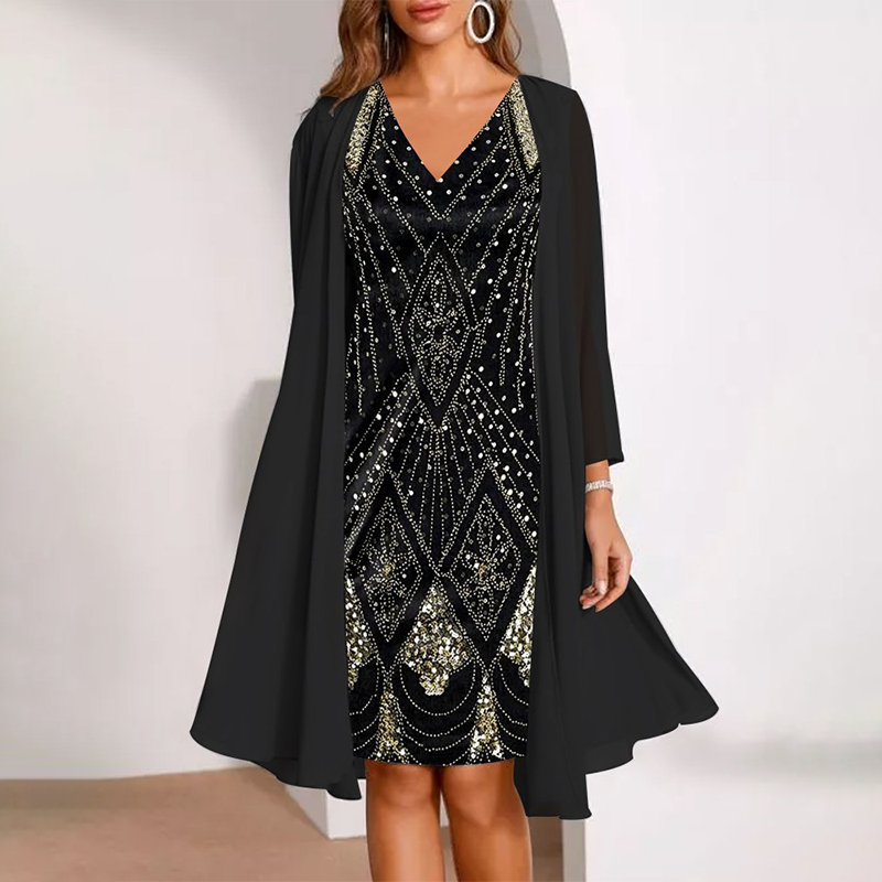Damen-Set: Kleid mit V-Ausschnitt & transparenter langer Jacke