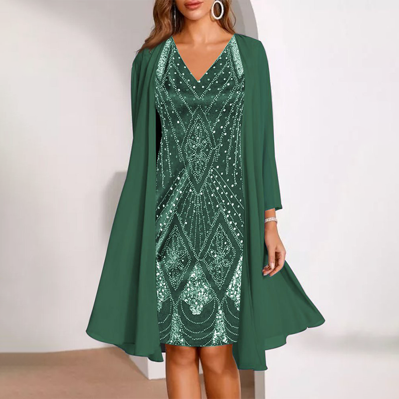 Damen-Set: Kleid mit V-Ausschnitt & transparenter langer Jacke