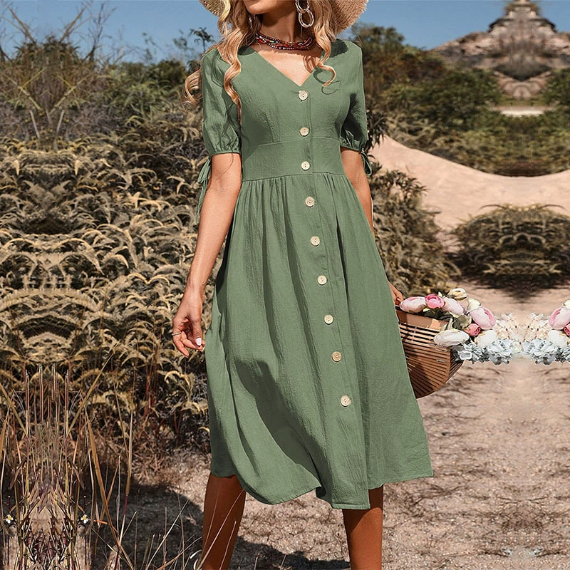 Casual Damenkleid mit V-Ausschnitt und Knopfleiste