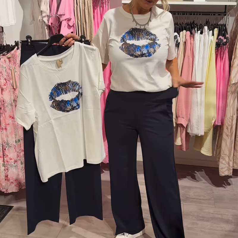 Zweiteiliges Set aus bedrucktem Oberteil und Hose für Damen
