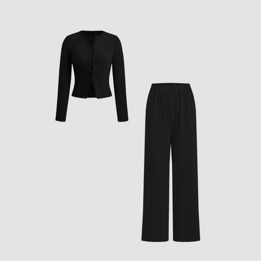 Zweiteiler: Figurbetontes Langarm-Top mit Knopfleiste & Hose mit weitem Bein