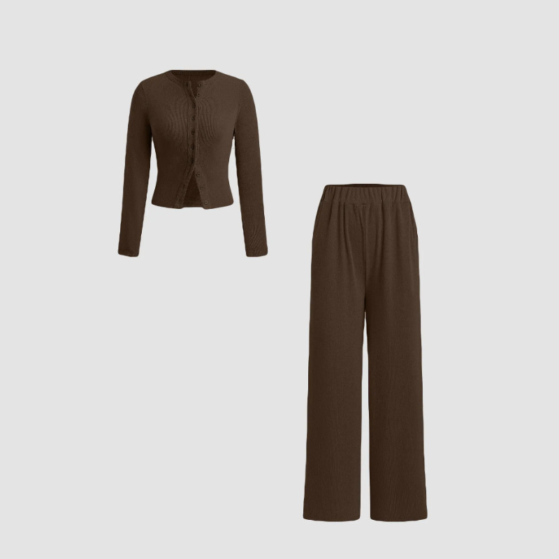 Zweiteiler: Figurbetontes Langarm-Top mit Knopfleiste & Hose mit weitem Bein