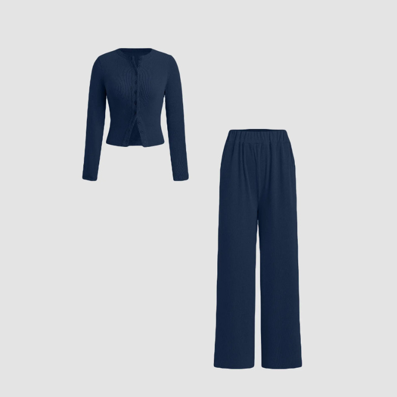 Zweiteiler: Figurbetontes Langarm-Top mit Knopfleiste & Hose mit weitem Bein