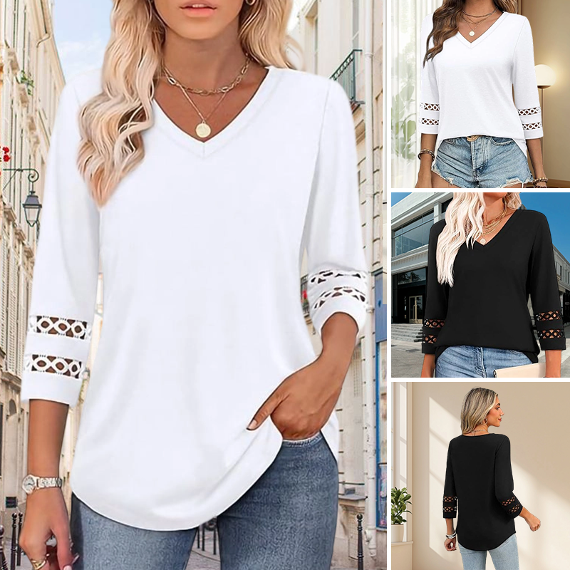 🍁Letzter Tag: 50% Rabatt✨Einfarbiges, lässiges V-Ausschnitt-Top mit 3/4-Ärmeln für Damen