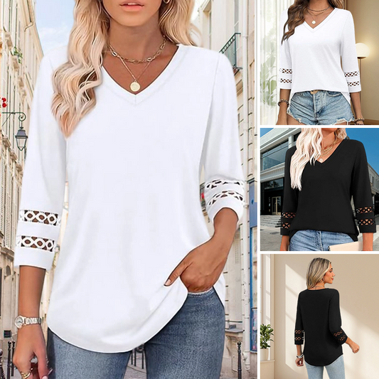 🍁Letzter Tag: 50% Rabatt✨Einfarbiges, lässiges V-Ausschnitt-Top mit 3/4-Ärmeln für Damen