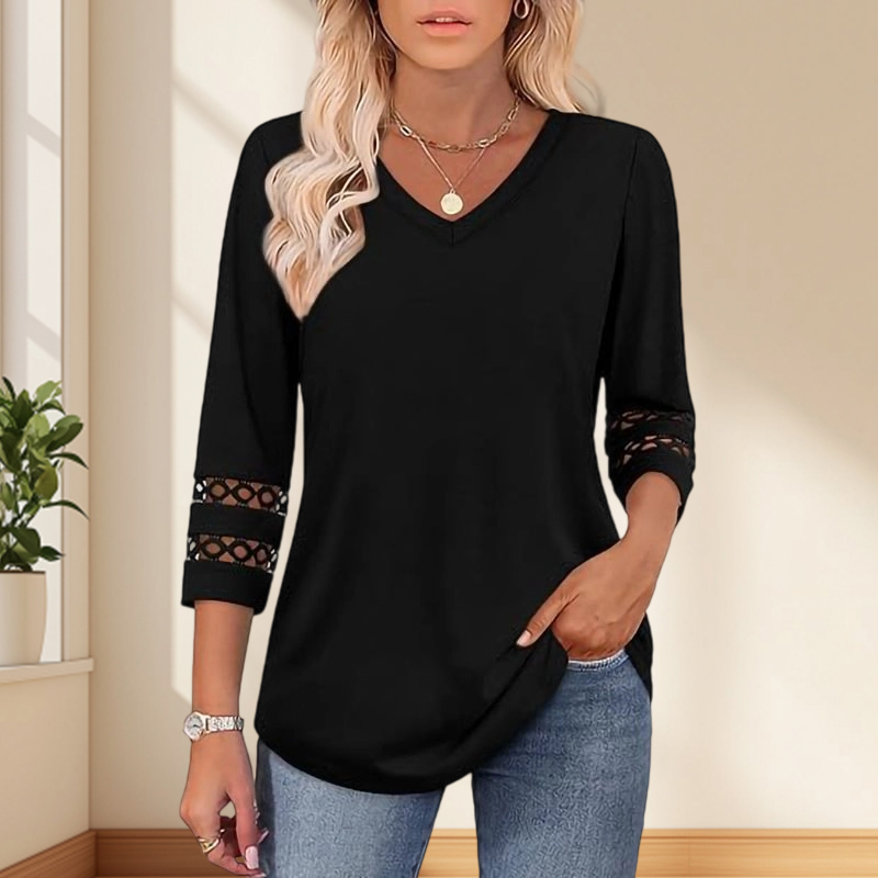 🍁Letzter Tag: 50% Rabatt✨Einfarbiges, lässiges V-Ausschnitt-Top mit 3/4-Ärmeln für Damen