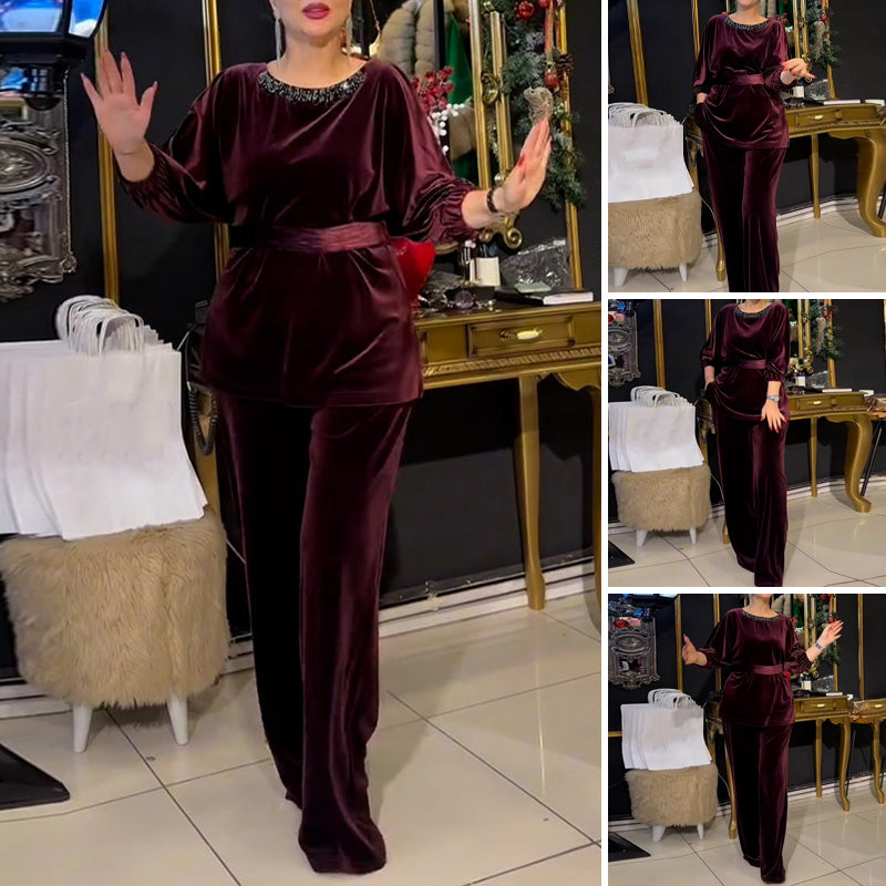 Rundhals-Top mit Strasssteinen & Hose mit weitem Bein – 2-teiliger Set
