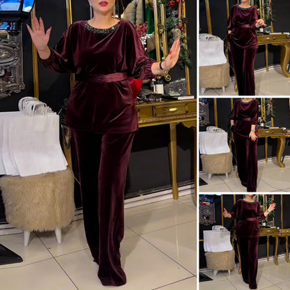 Rundhals-Top mit Strasssteinen & Hose mit weitem Bein – 2-teiliger Set