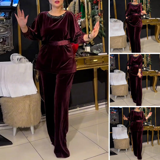Rundhals-Top mit Strasssteinen & Hose mit weitem Bein – 2-teiliger Set