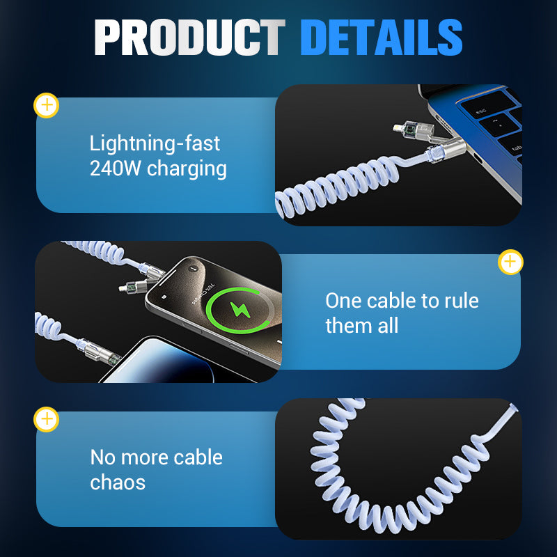 🔋240W 4-in-1 einziebares spiralförmiges Ladekabel