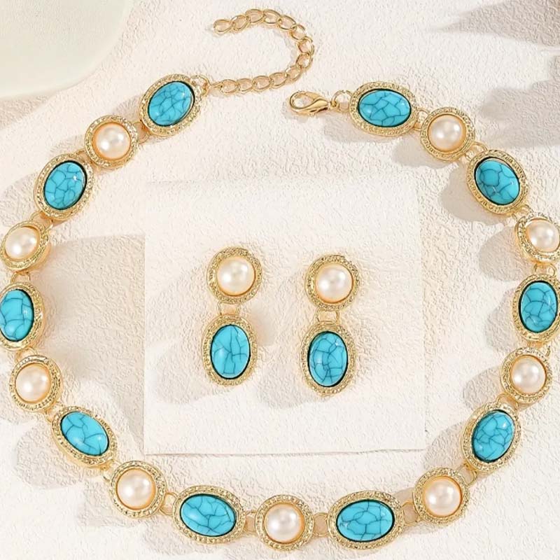 Retro Stud Earrings and Necklace Set for Women