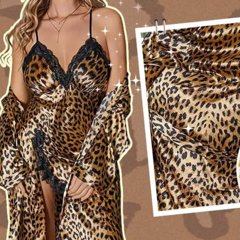 Damen sexy Set mit Leopardenmuster: Morgenmantel und Nachthemd