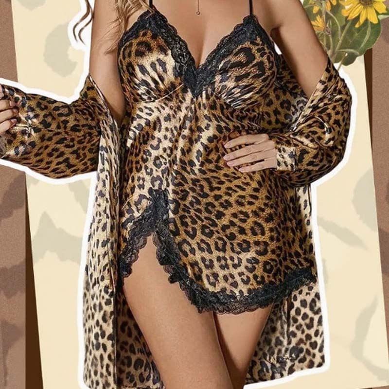 Damen sexy Set mit Leopardenmuster: Morgenmantel und Nachthemd