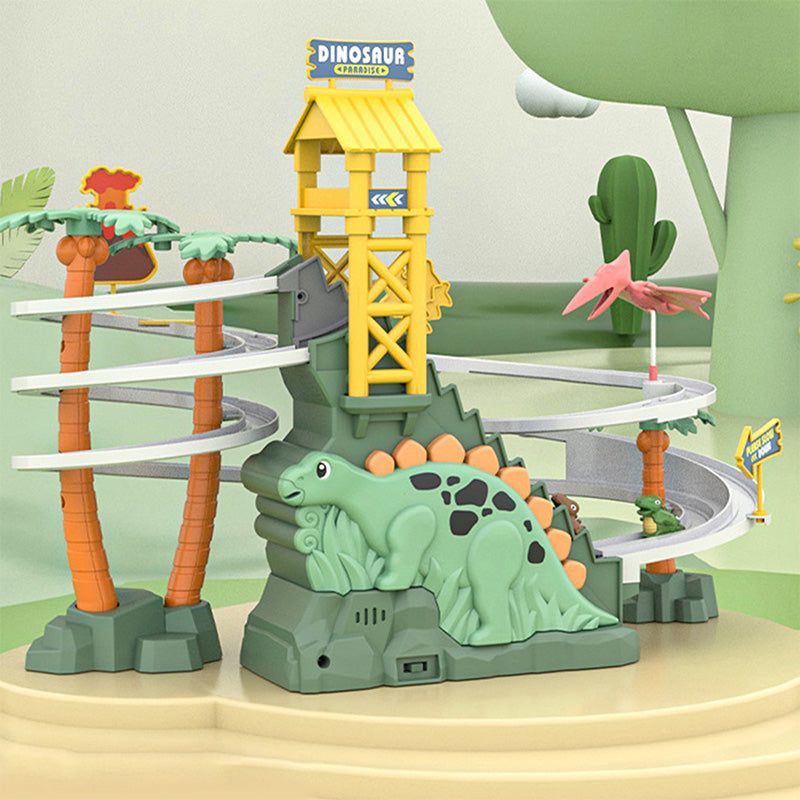 Elektrische Doppelspur-Dinosaurier-Rutsche – Interaktiver Spielspaß mit Spurwechseln und Lichteffekten