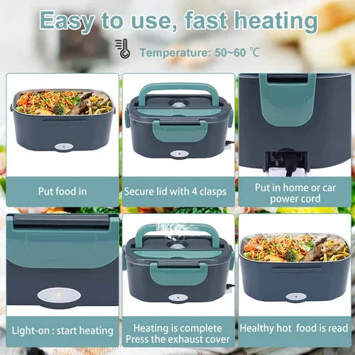 🔥 50 % Rabatt – Tragbare Heiz-Lunchbox mit Edelstahl-Einsatz – doppelte Spannung (12 V/220 V), trockene Erwärmung ohne Wasser – ideal für Auto, Büro & Reisen 🍱