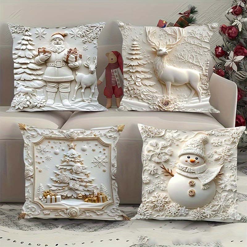 🎄 Neue 4-teilige Weihnachts-Kissenbezüge Set – Santa, Schneemann, Tannenbaum & Rentier Motive für Ihre Wohnzimmer-Dekoration